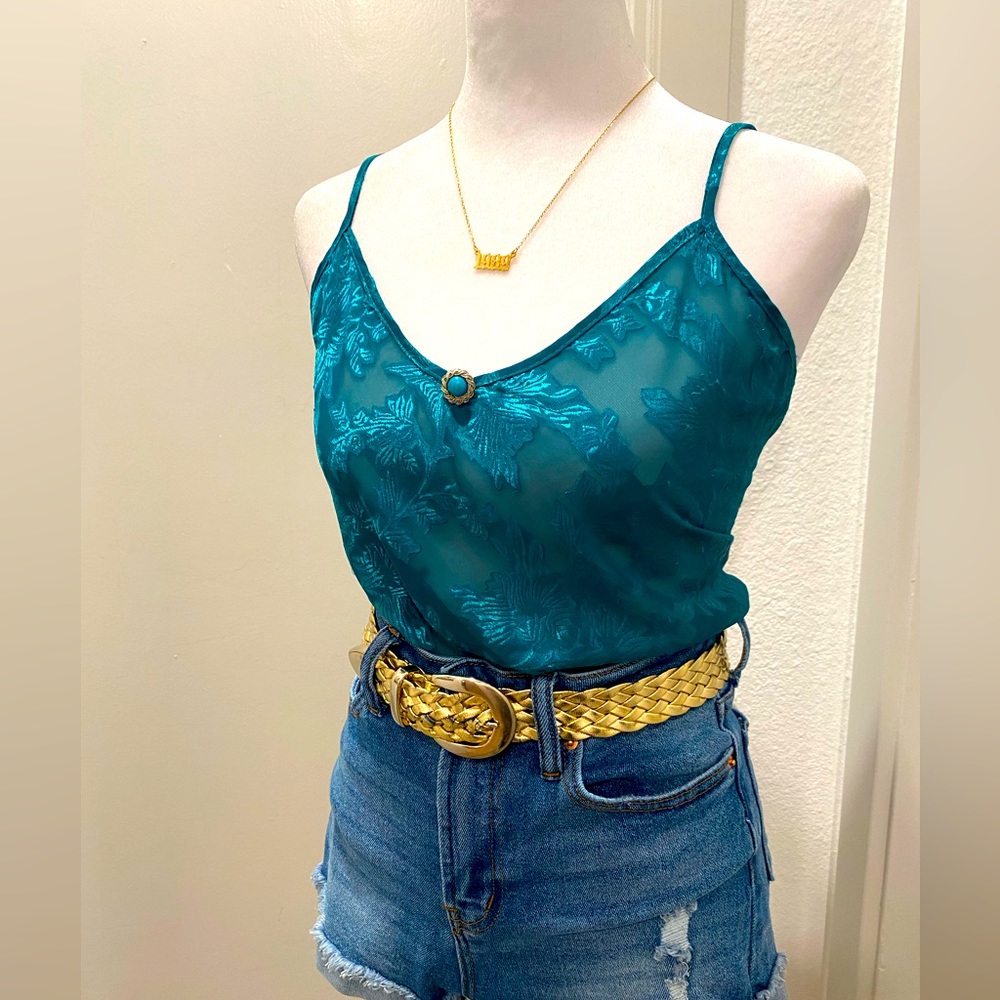 VTG 80s 90s Colesce Collection Lingerie Semi Sheer Green Floral Cropped Cami Top